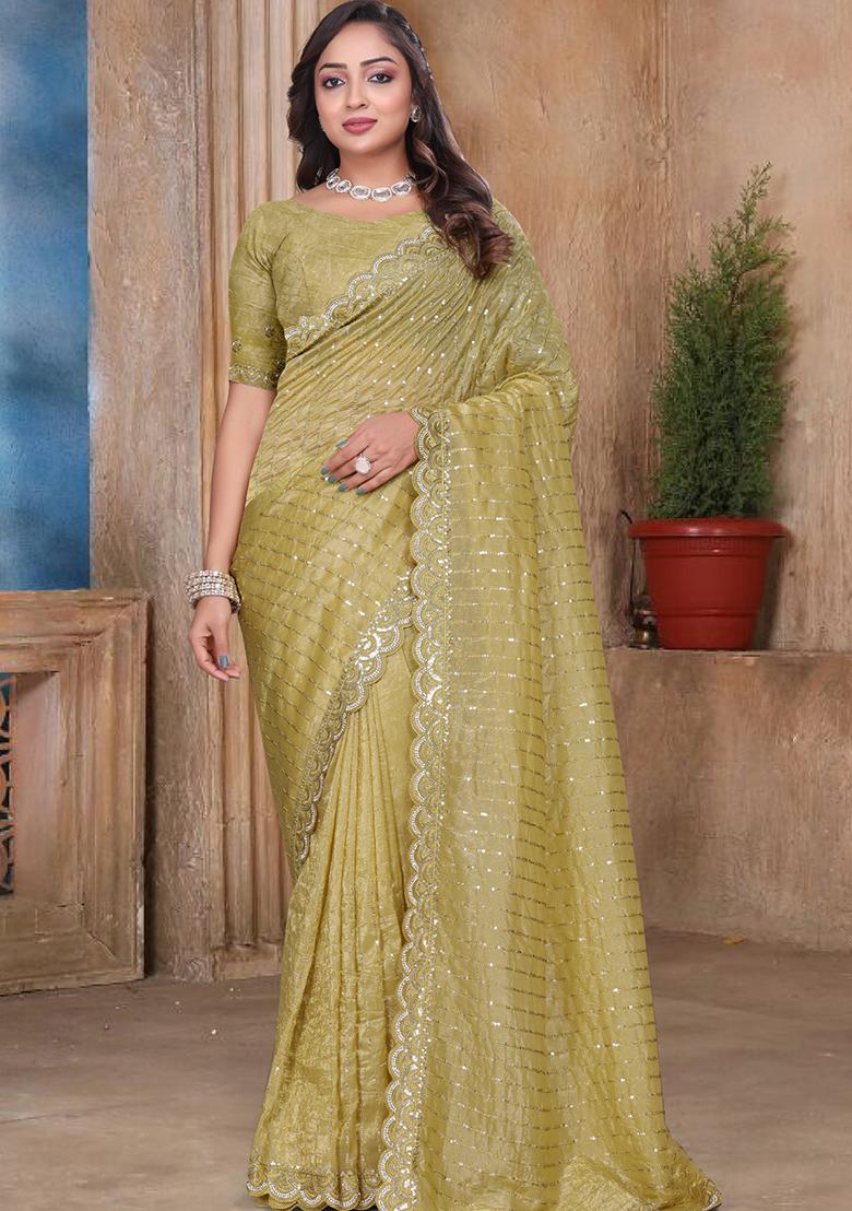 Mustard Embroidery Silk Saree Set - Indya