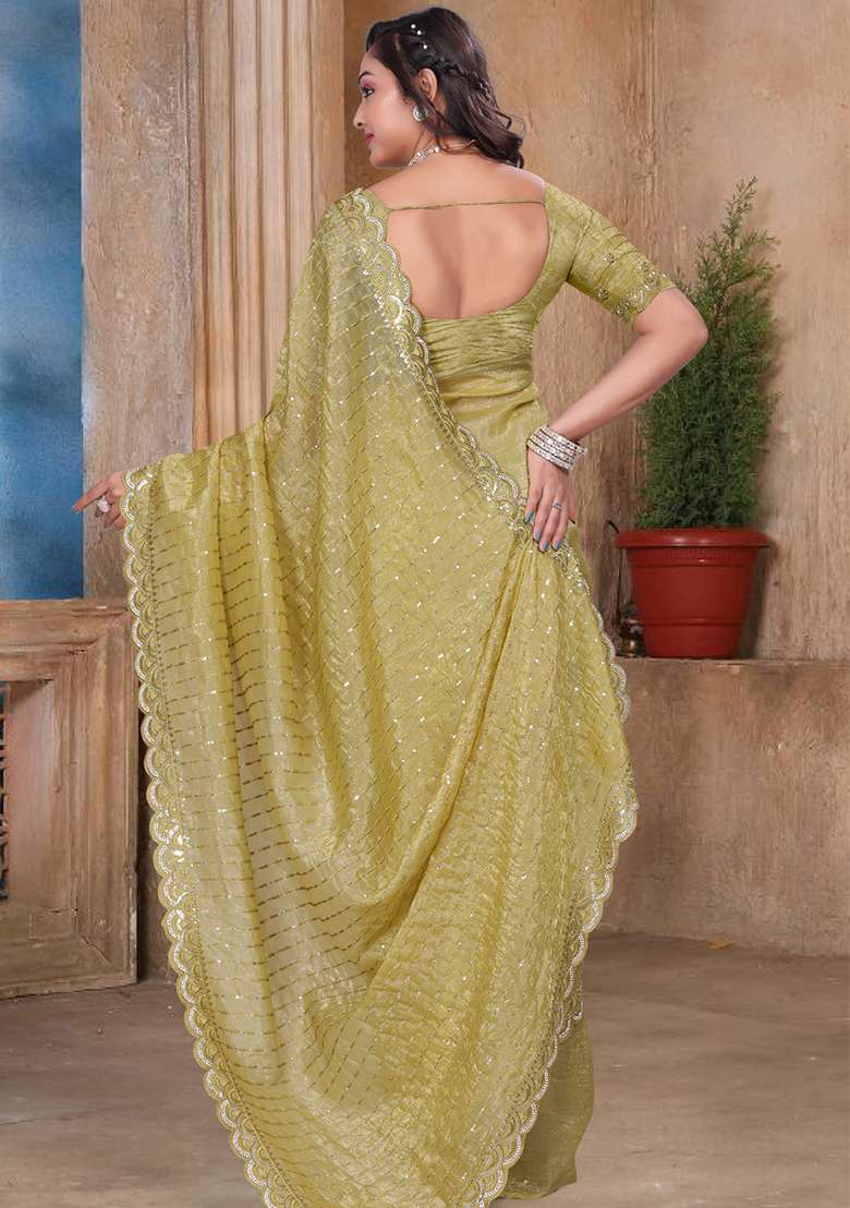 Mustard Silk Blend Saree Set with Embroidery for Diwali | Wedding & Festive Wear - Indya