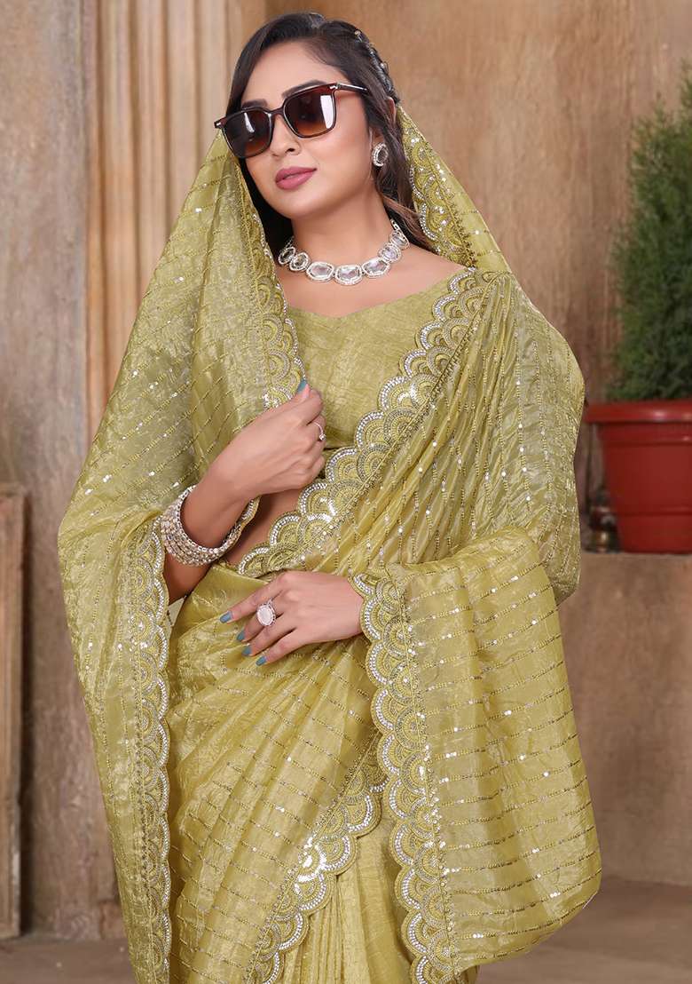Mustard Silk Blend Saree Set with Embroidery for Diwali | Wedding & Festive Wear - Indya