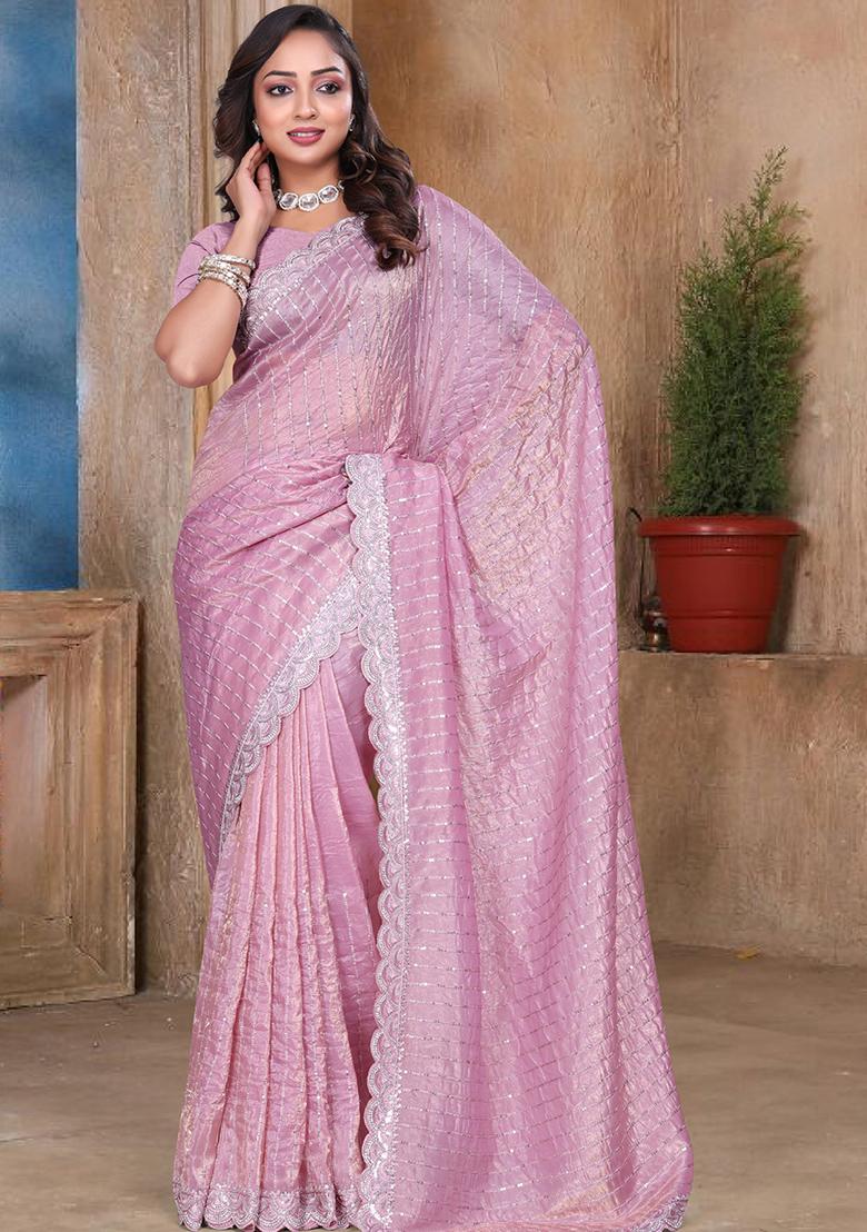 Pink Embroidery Silk Saree Set - Indya