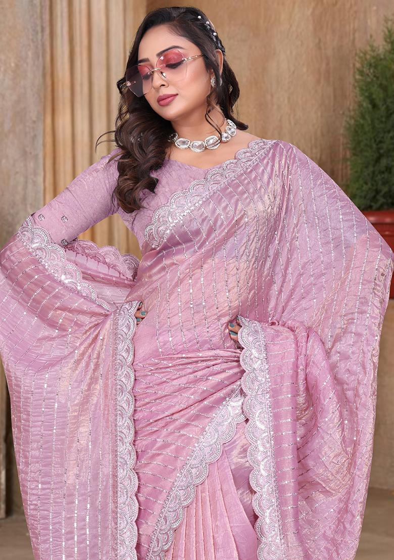 Pink Embroidery Silk Saree Set - Indya