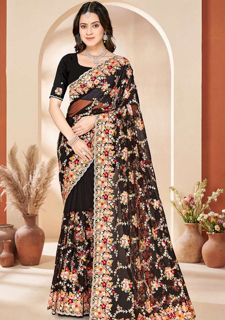 Black Embroidery Net Saree Set - Indya