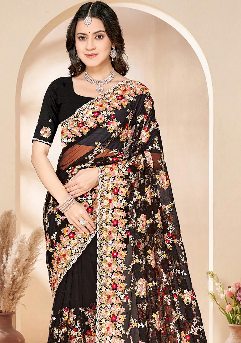 Black Embroidery Net Saree Set - Indya