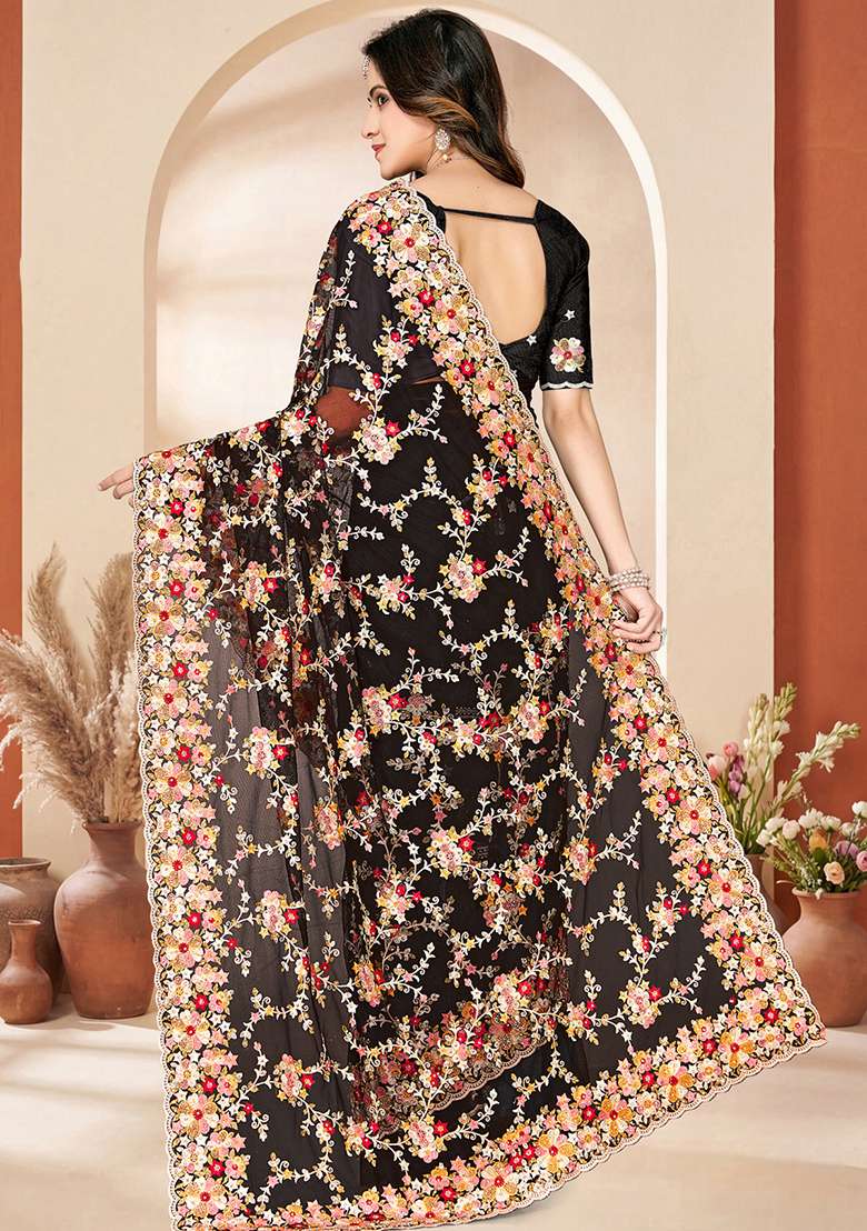 Black Embroidery Net Saree Set - Indya