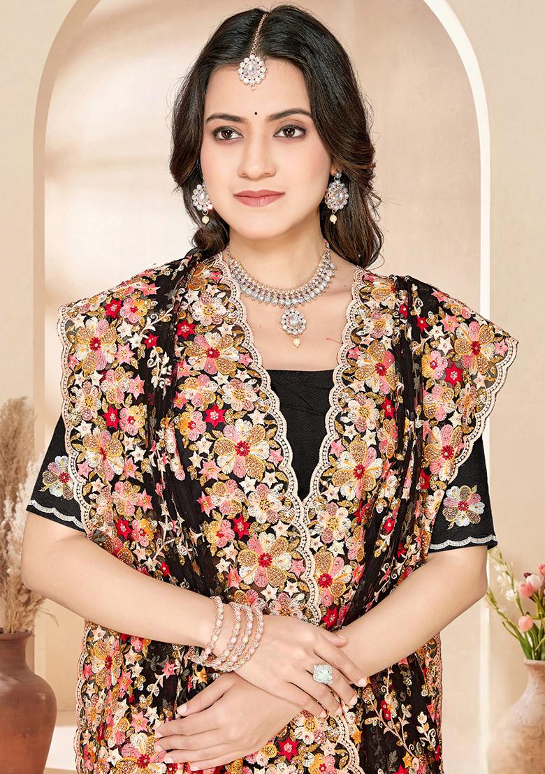 Black Embroidery Net Saree Set - Indya