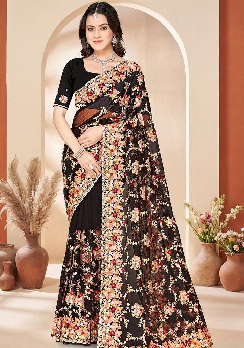 Black Embroidery Net Saree Set