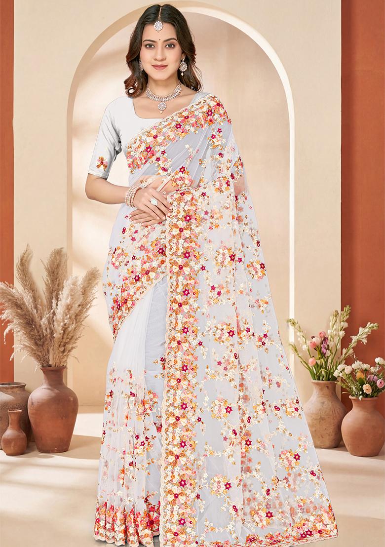 White Embroidery Net Saree Set - Indya