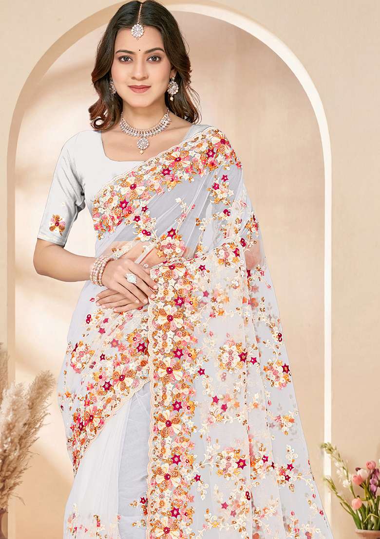 White Embroidery Net Saree Set - Indya