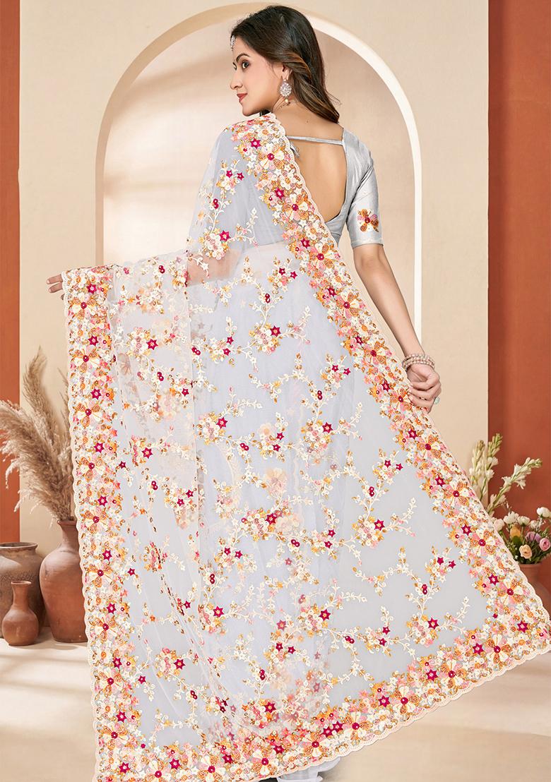 White Embroidery Net Saree Set - Indya