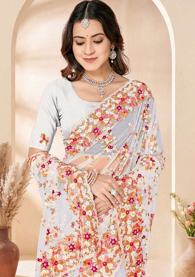 White Embroidery Net Saree Set - Indya