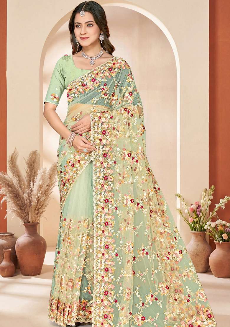 Green Embroidery Net Saree Set - Indya
