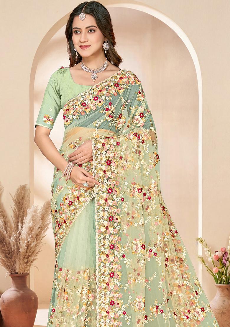 Green Embroidery Net Saree Set - Indya