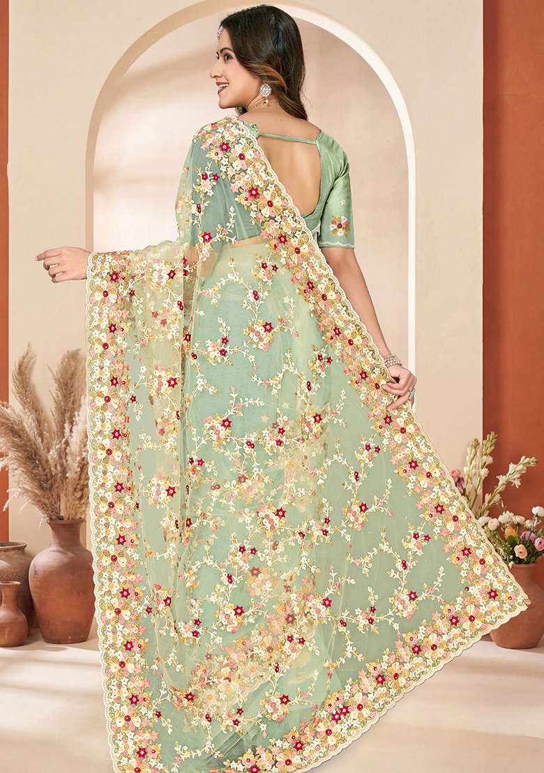Green Embroidery Net Saree Set - Indya
