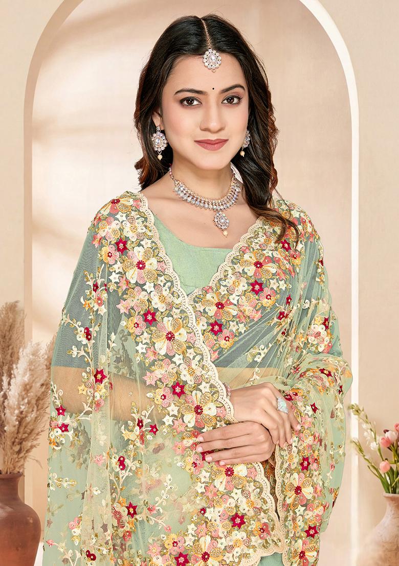 Green Embroidery Net Saree Set - Indya