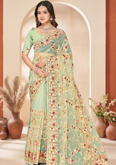 Green Embroidery Net Saree Set