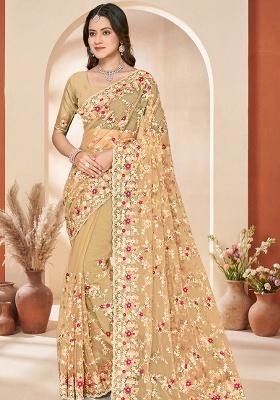 Mustard Embroidery Net Saree Set