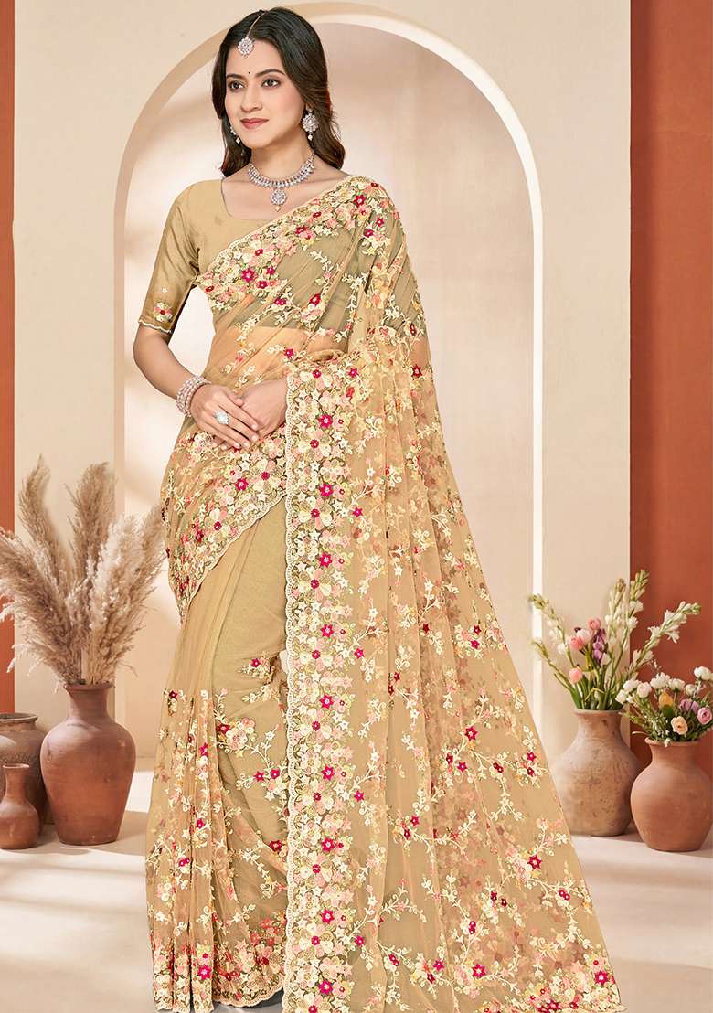 Mustard Embroidery Net Saree Set - Indya