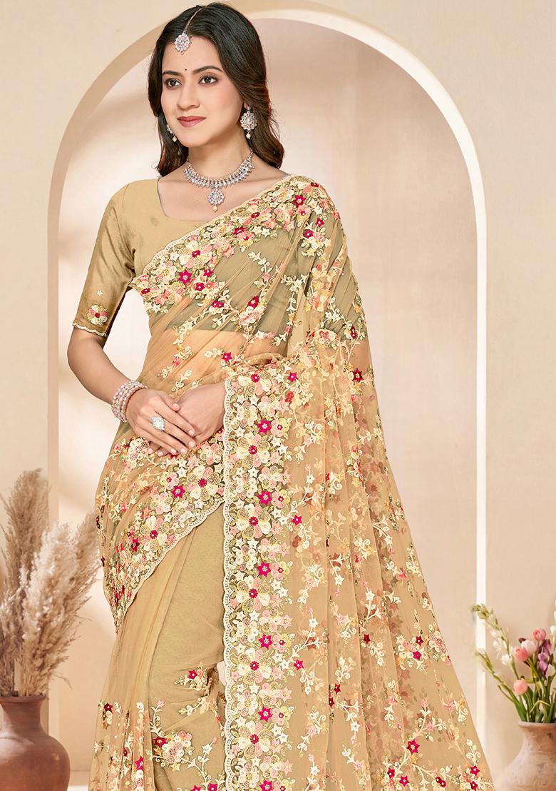 Mustard Embroidery Net Saree Set - Indya