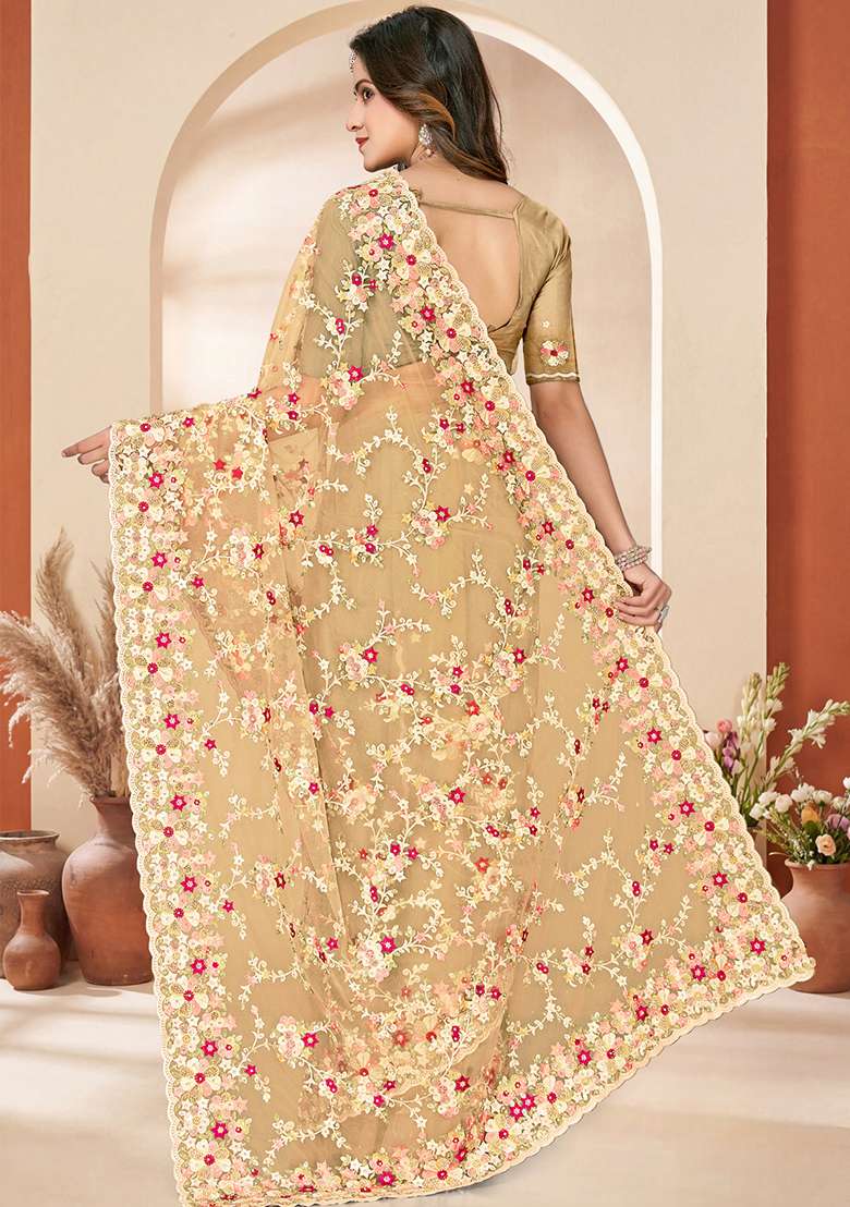 Mustard Embroidery Net Saree Set - Indya