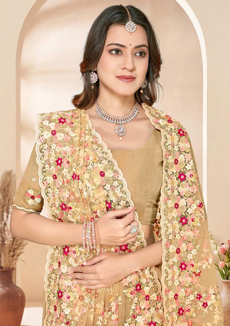 Mustard Embroidery Net Saree Set - Indya