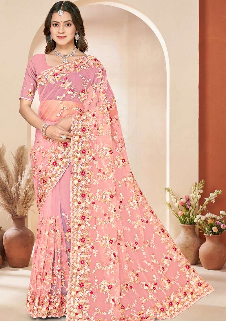 Peach Embroidery Net Saree Set - Indya