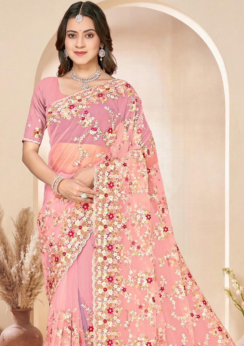 Peach Embroidery Net Saree Set - Indya