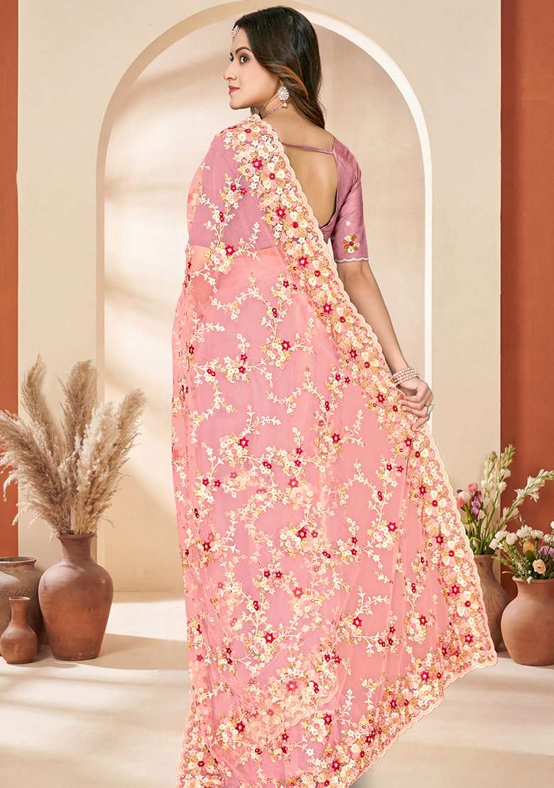 Peach Embroidery Net Saree Set - Indya