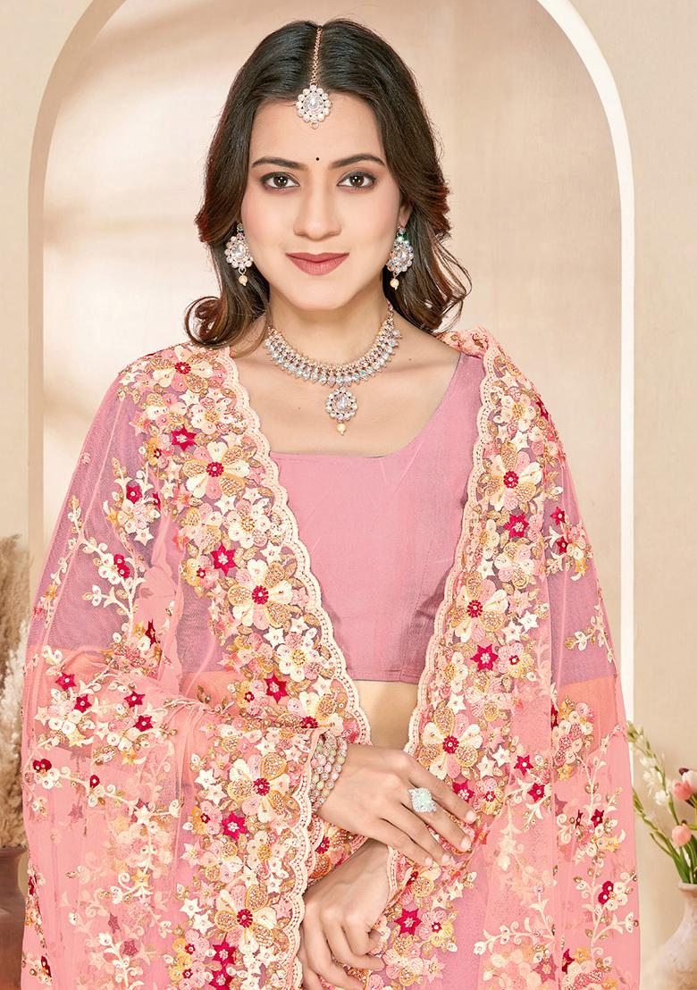 Peach Embroidery Net Saree Set - Indya