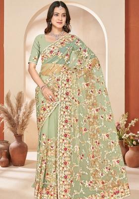 Green Embroidery Net Saree Set