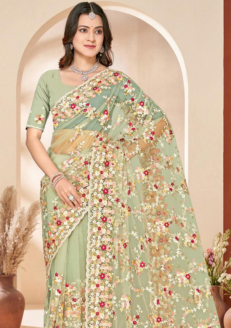 Green Embroidery Net Saree Set - Indya