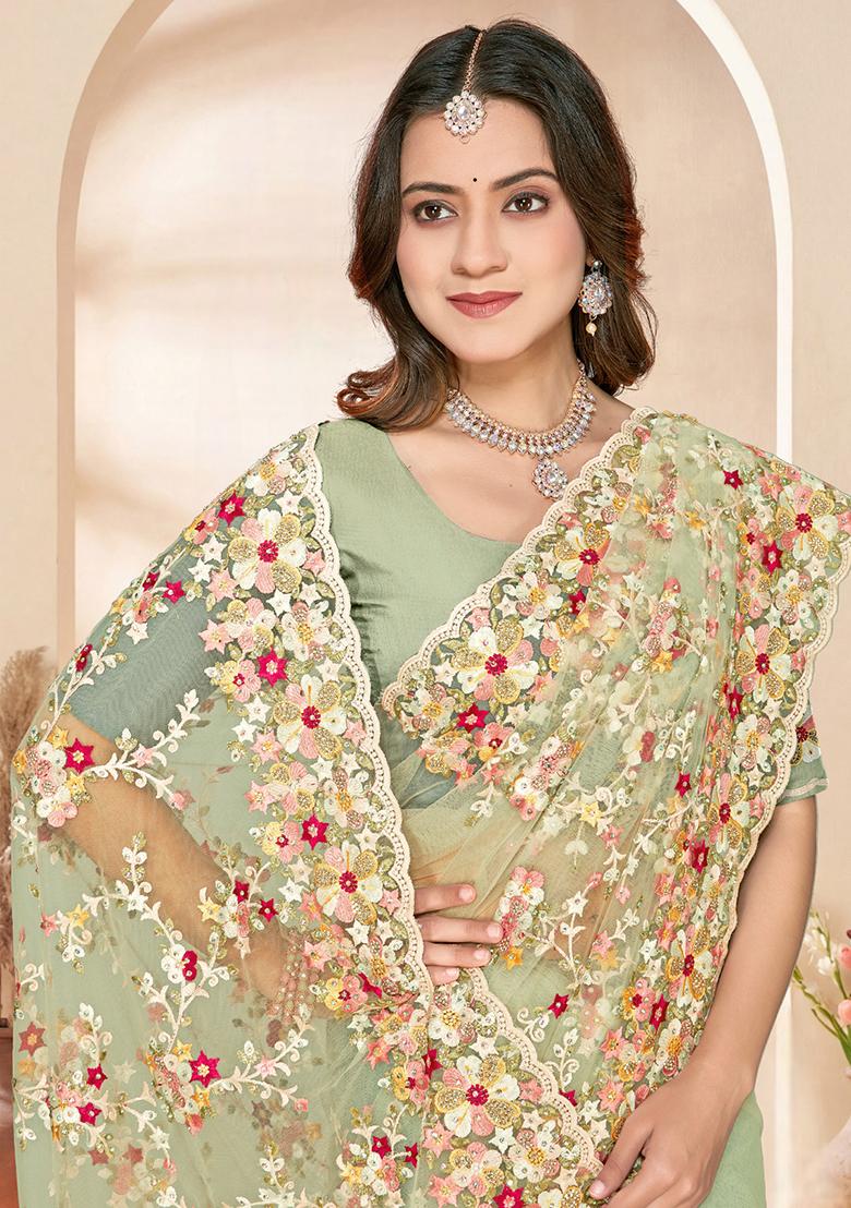 Green Embroidery Net Saree Set - Indya