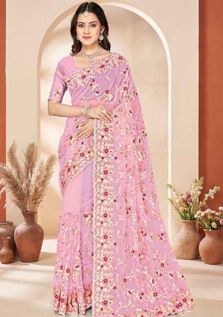Pink Embroidery Net Saree Set - Indya
