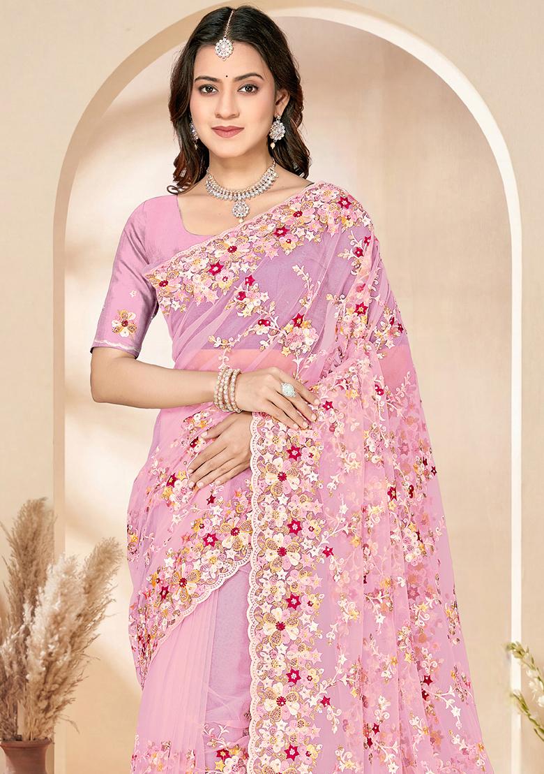 Pink Embroidery Net Saree Set - Indya