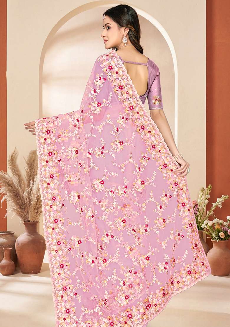 Pink Embroidery Net Saree Set - Indya