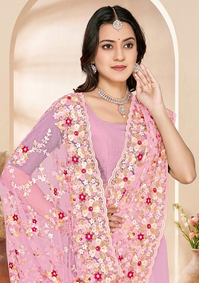 Pink Embroidery Net Saree Set - Indya