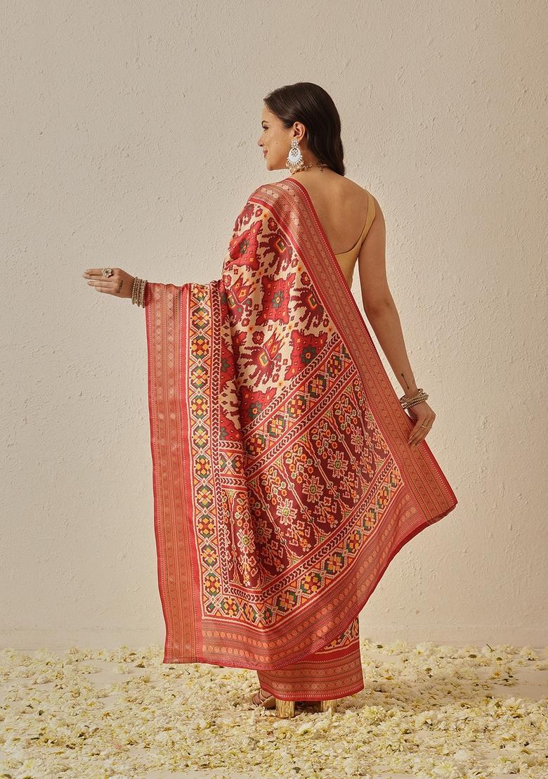 Beige Jacquard Silk Saree Set - Indya