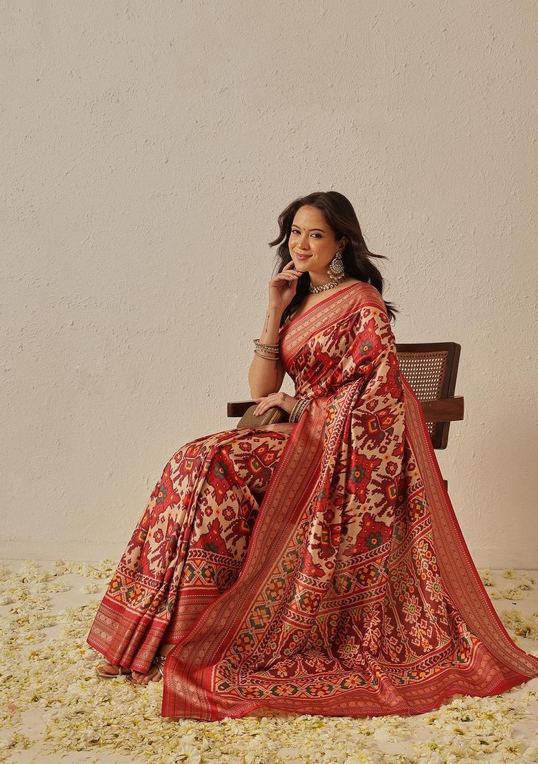 Beige Jacquard Silk Saree Set - Indya