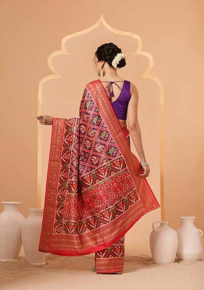 Purple Jacquard Silk Saree Set - Indya