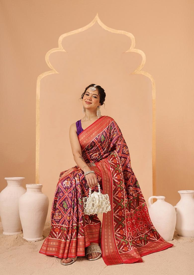 Purple Jacquard Silk Saree Set - Indya