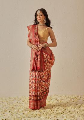 Beige Jacquard Silk Saree Set