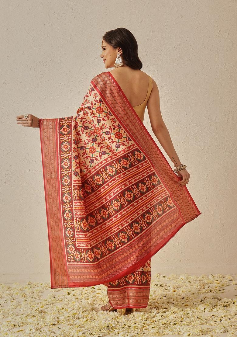Beige Jacquard Silk Saree Set - Indya