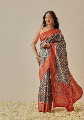 Teal Jacquard Silk Saree Set