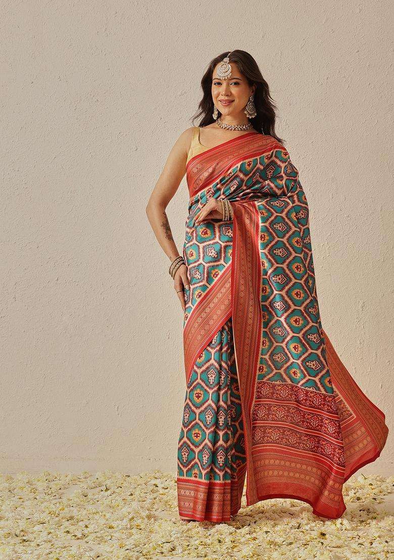 Teal Jacquard Silk Saree Set - Indya