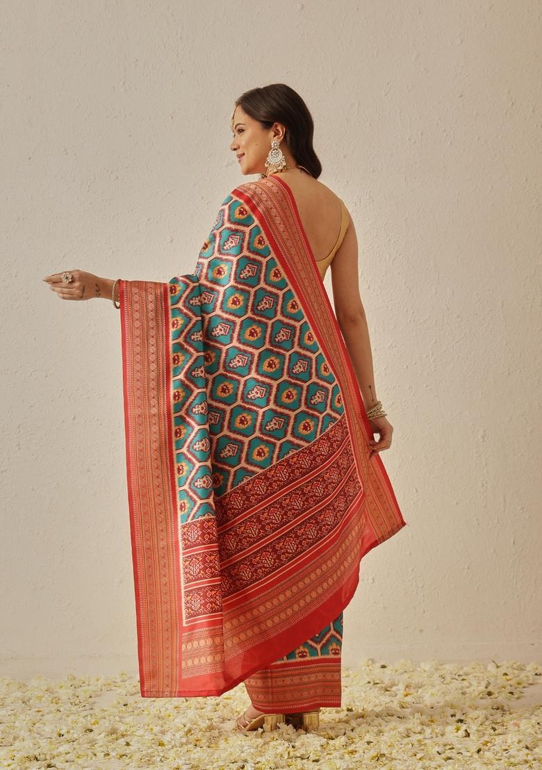 Teal Jacquard Silk Saree Set - Indya