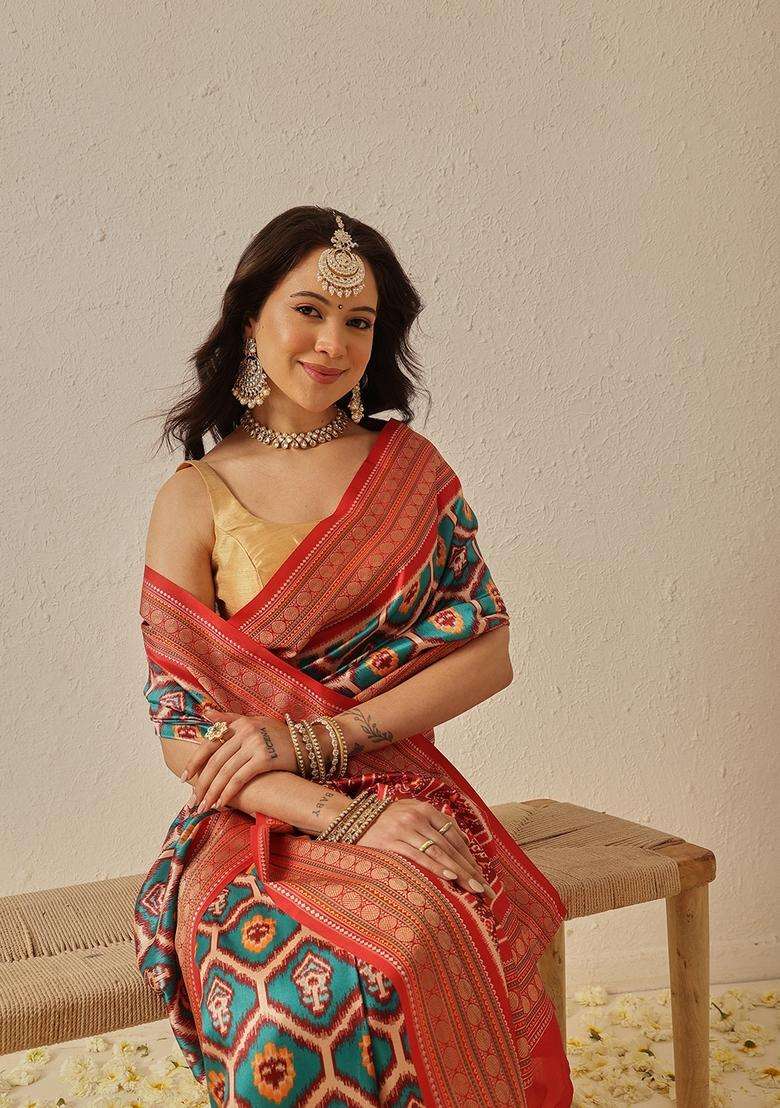 Teal Jacquard Silk Saree Set - Indya