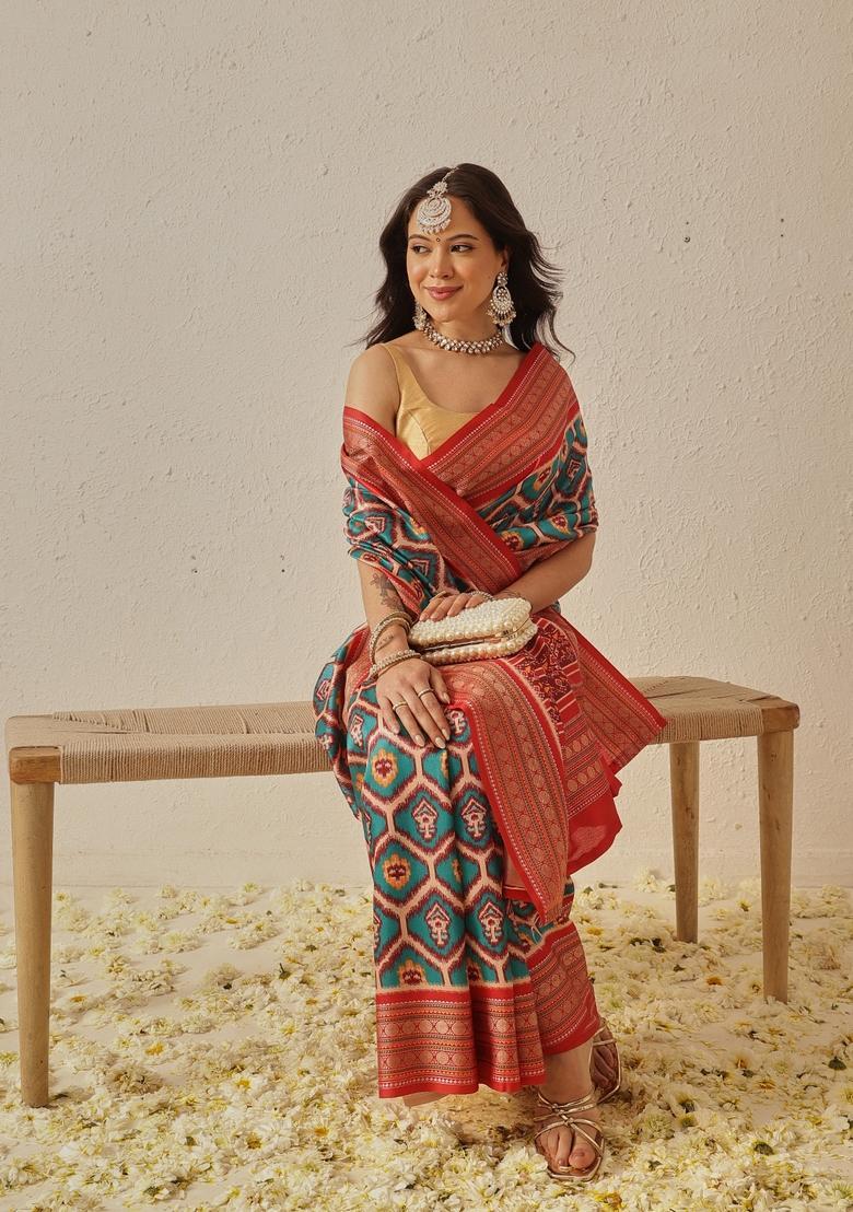 Teal Jacquard Silk Saree Set - Indya