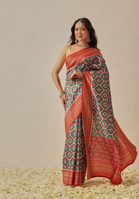 Teal Jacquard Silk Saree Set