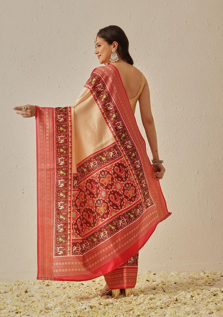 Beige Jacquard Silk Saree Set - Indya