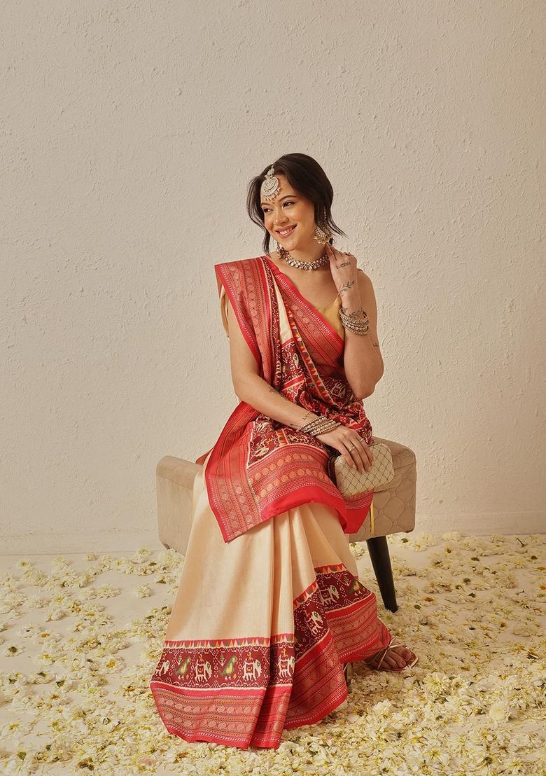 Beige Jacquard Silk Saree Set - Indya