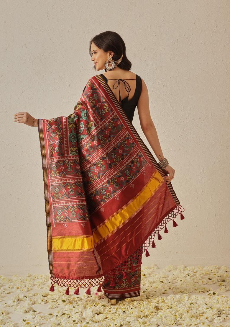 Maroon Motif Silk Saree Set - Indya